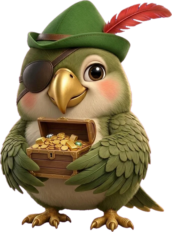 Hidalgo in a Robin Hood cap holding a chest of gold